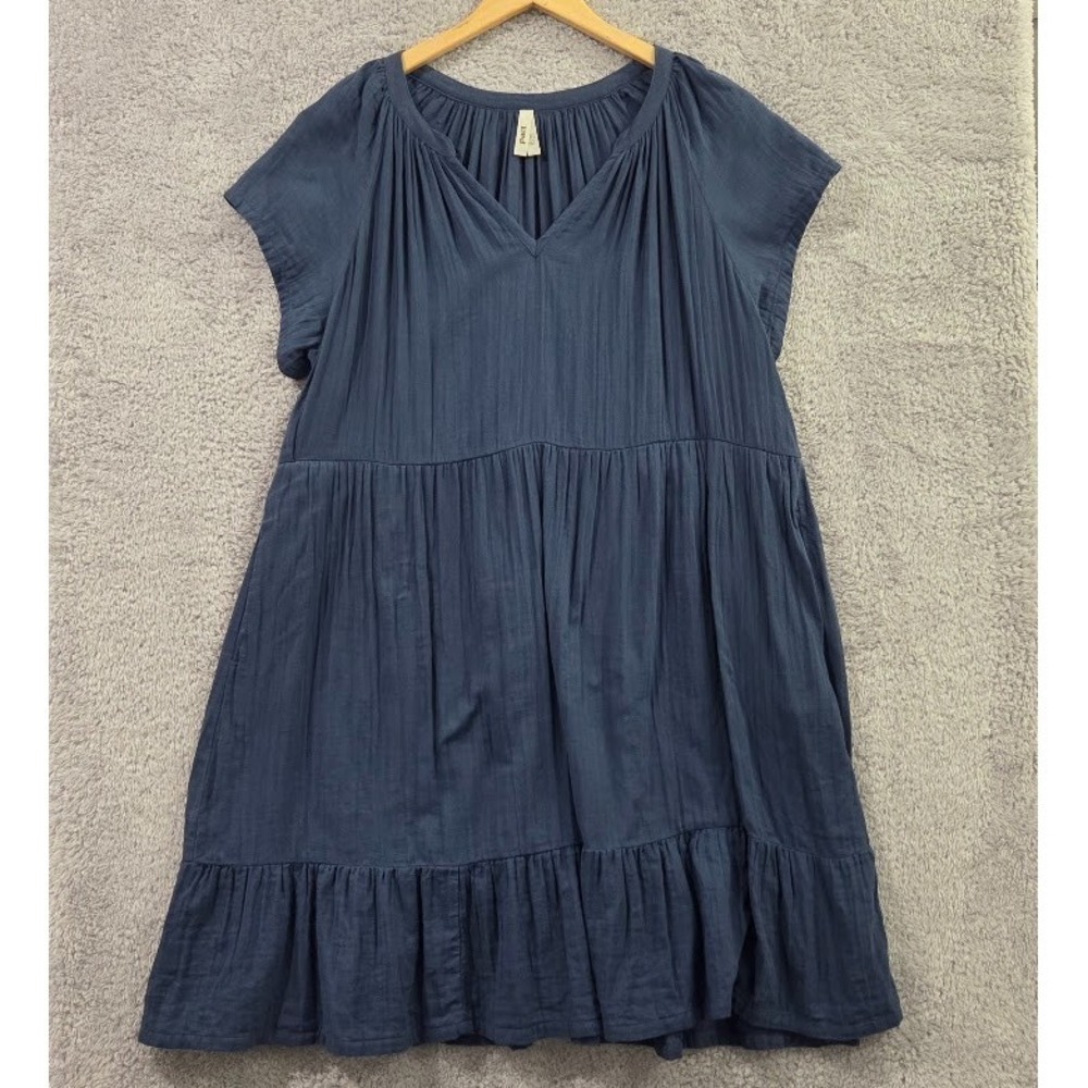 PACT Organic Cotton Coastal Double Gauze Tiered Dress XL Navy Blue Pockets Boho - Picture 2 of 12